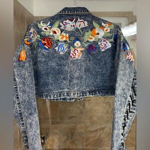 POL Floral Embroidered Cropped Jean Jacket
